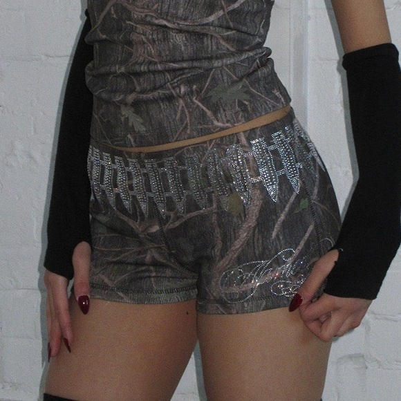 SOLD!! Named Collective Enemy Rhinestone Micro Hotpant Booty Shorts Tree Camo - Picture 9 of 10